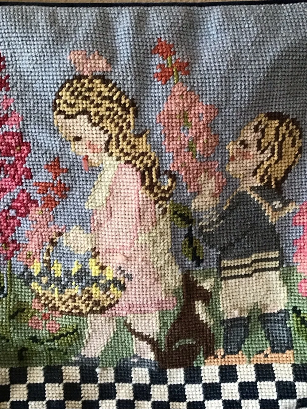Needlepoint Accent Pillowcase Summer Garden Children Scene